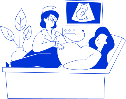Ilustração de uma médica realizando a ultrassom na paciente